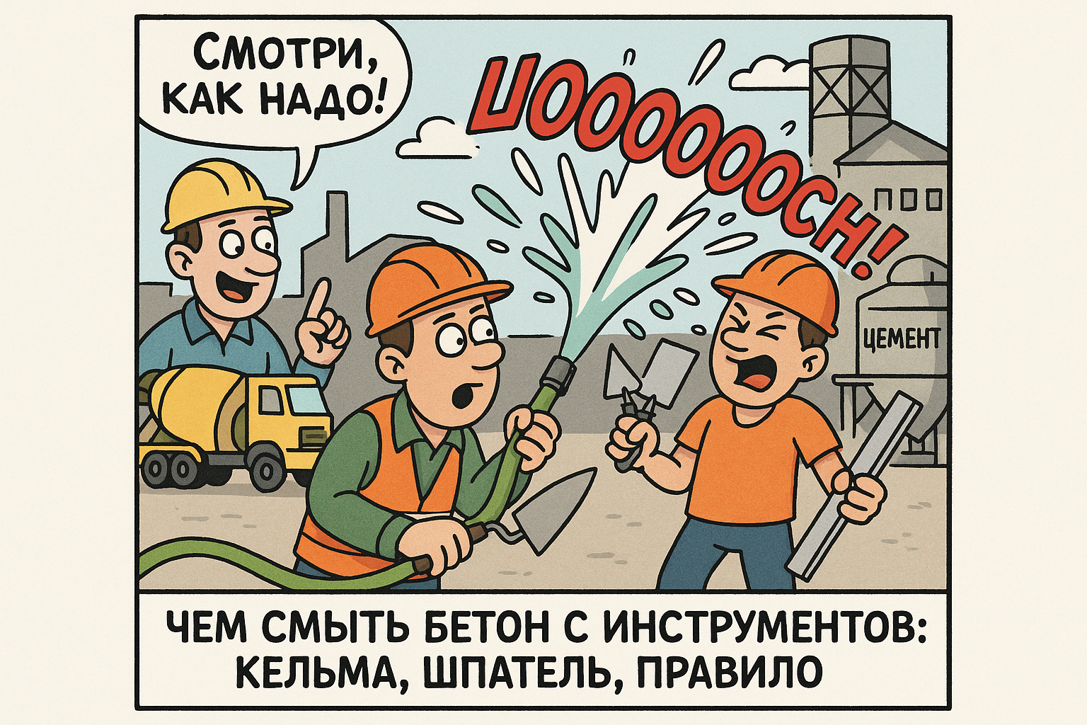 На изображении показаны инструменты, загрязненные цементом: кельма, шпатель и правило, с рядом средств для их очищения, таких как растворители и щетки. Текст иллюстрирует процесс удаления цементных остатков с инструментов, подчеркивая важность соблюдения чистоты при строительных работах.
