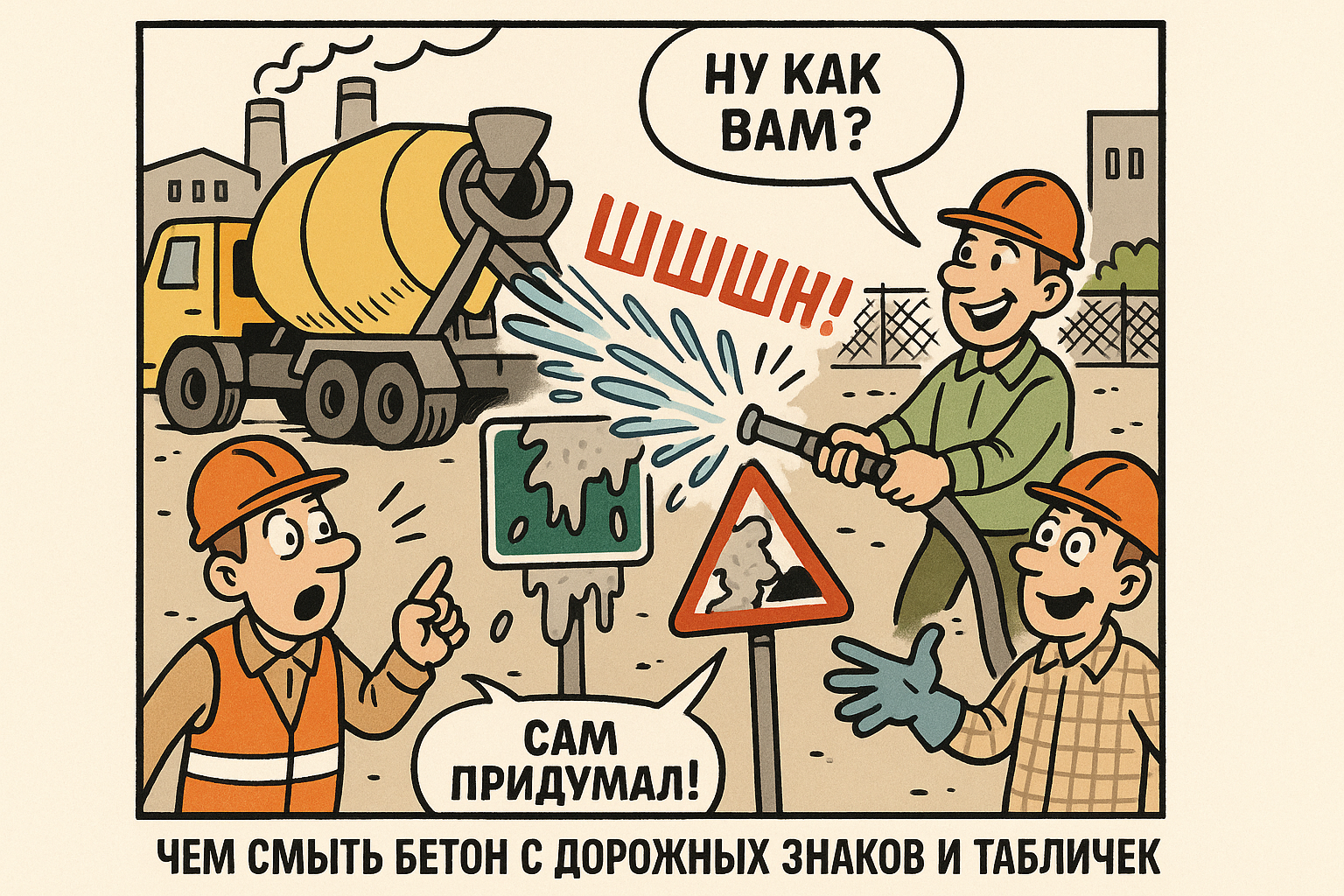 Чистка дорожного знака с нанесённым на него графическим изображением и информацией, видно, как специалист аккуратно удаляет бетонные загрязнения с поверхности знака с помощью специального средства.