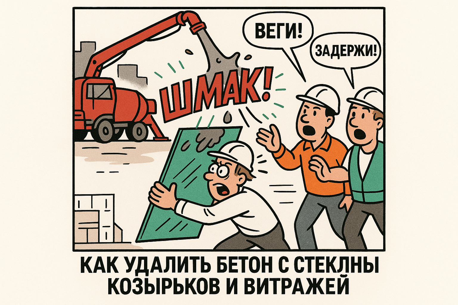 Упаковка удалителя цемента PROSEPT на фоне стеклянного козырька, на котором видны остатки бетона и цементного раствора. Продукт используется для эффективного удаления загрязнений с поверхности стекла, что делает его актуальным для тех, кто сталкивается с проблемой очистки витражей и стеклянных конструкций.