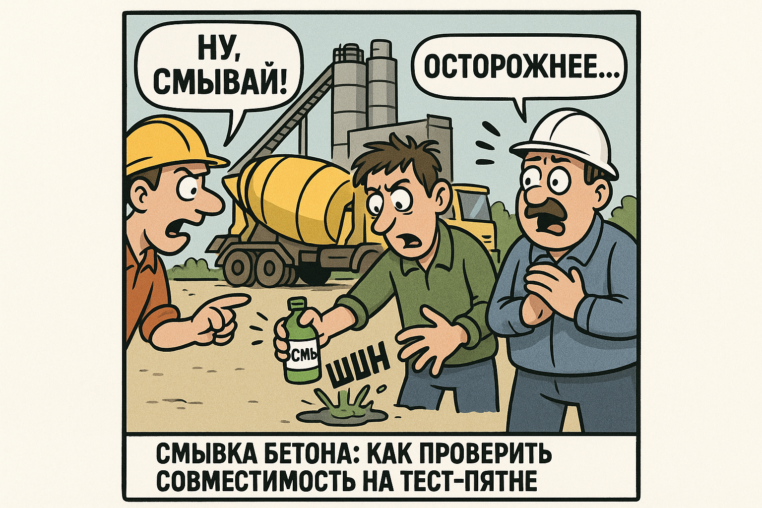 Показан процесс проведения теста на совместимость смывки бетона на тест-пятне, где специалист наносит смывку на поверхность и наблюдает за реакцией материала. Упоминаются аспекты безопасности и важность оценки результатов.