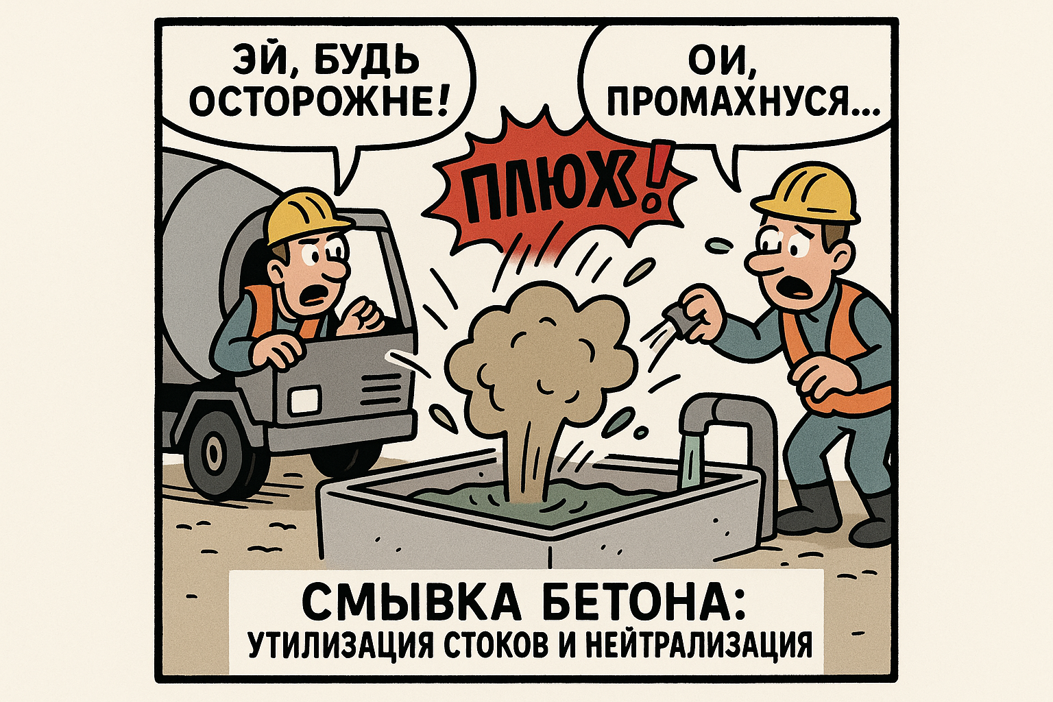Процесс безопасной утилизации бетона, на котором показаны работники, использующие специализированное оборудование для нейтрализации стоков и удаления остатков бетона.