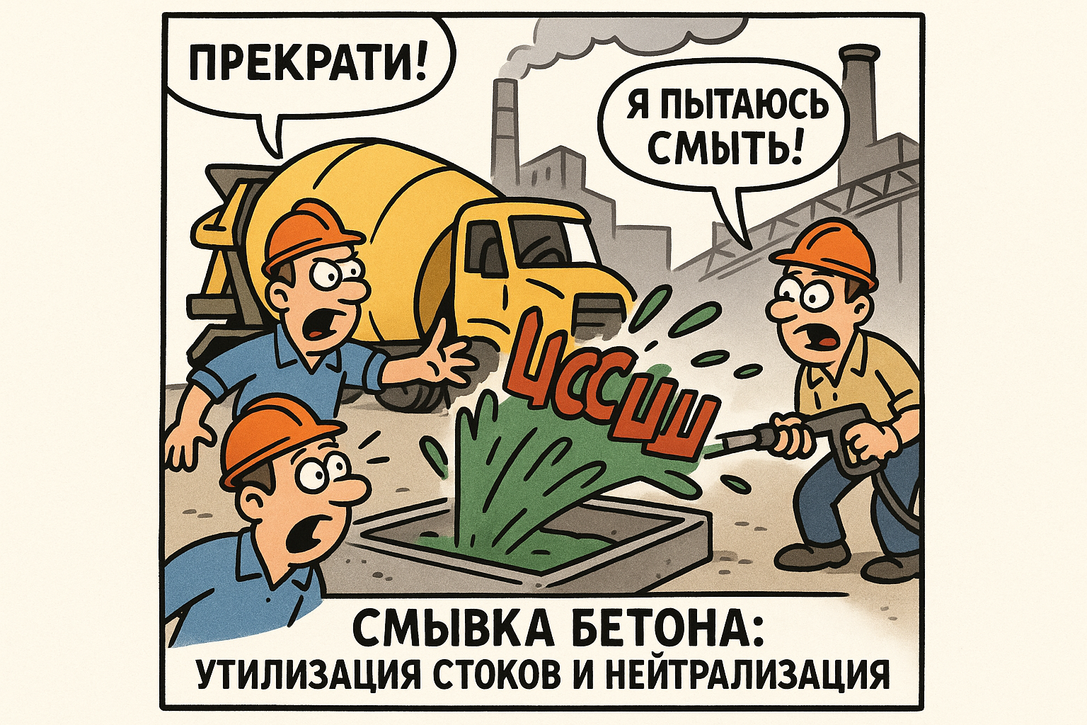 Этап процесса смывки бетона, на котором специалисты обрабатывают стоки с использованием нейтрализующих растворов для снижения уровня pH, демонстрируя правильные методы утилизации отходов.