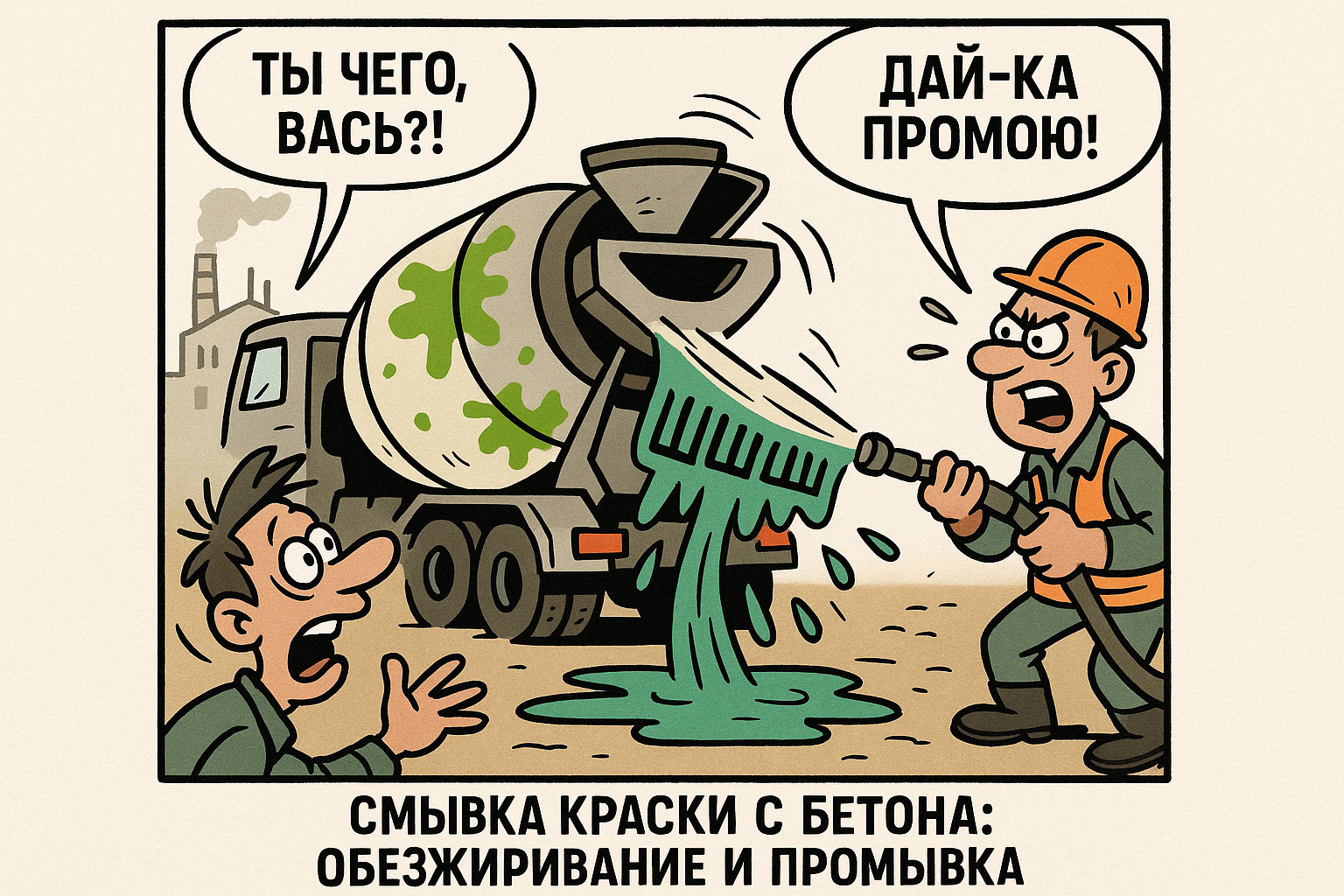 Картинка, иллюстрирующая процесс смывки краски с бетона, показывает рабочий процесс, включая необходимые инструменты и материалы, такие как кисти, химические растворители и защитные средства. На изображении также виден этап обезжиривания поверхности для достижения наилучшего результата.