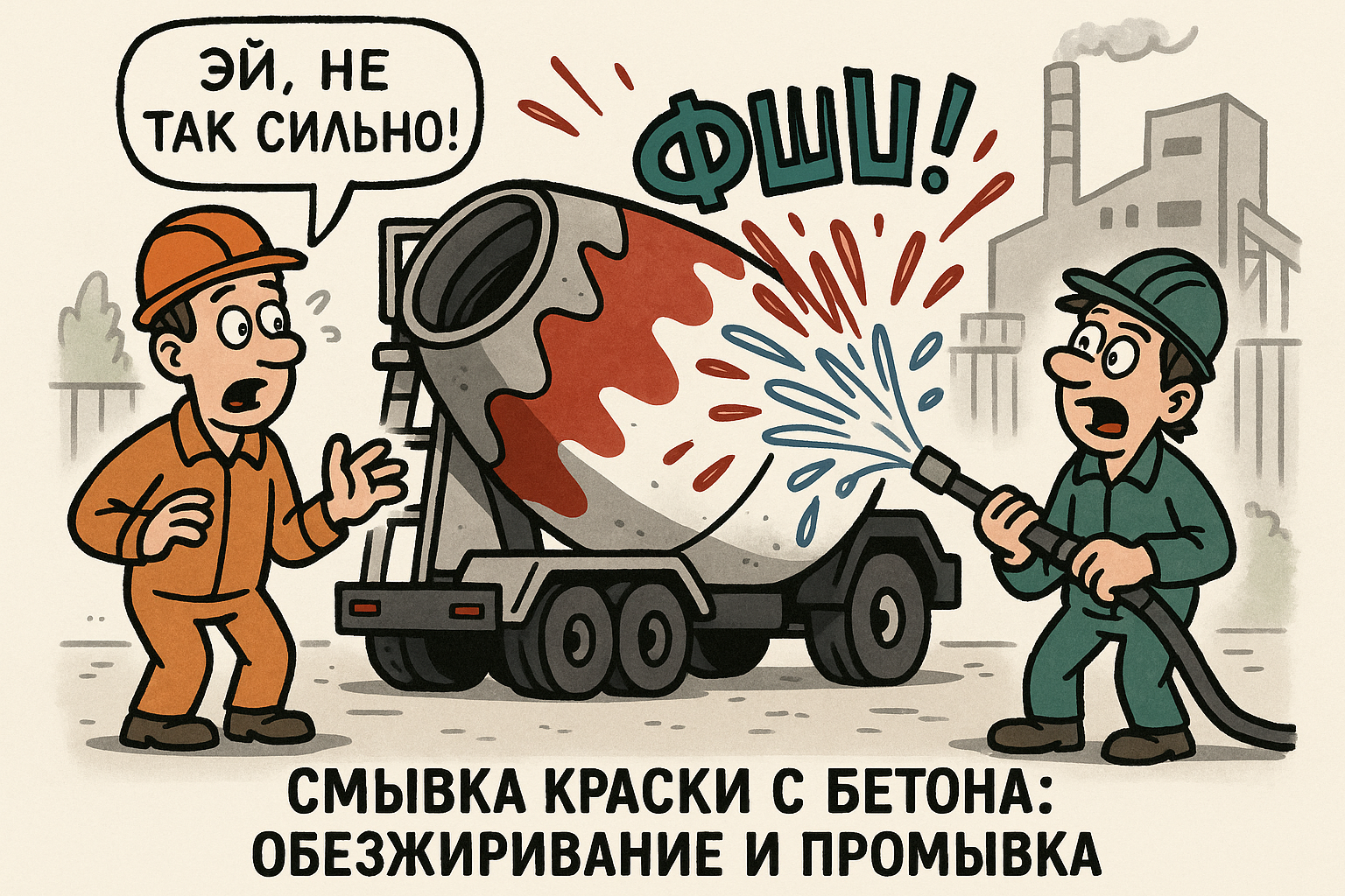 Процесс удаления краски с бетонной поверхности с помощью специализированных средств, демонстрирующий этапы обезжиривания и промывки. На изображении видны инструменты и материалы, используемые для эффективного очищения бетона.