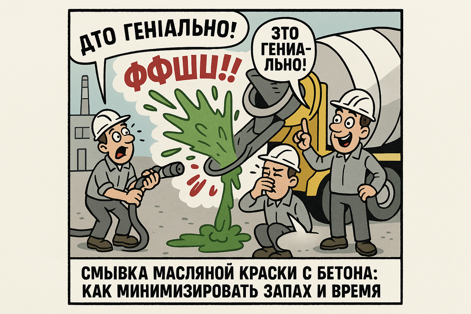 Процесс смывки масляной краски с бетона, показывающий использование специализированных средств для удаления краски с минимальным запахом.