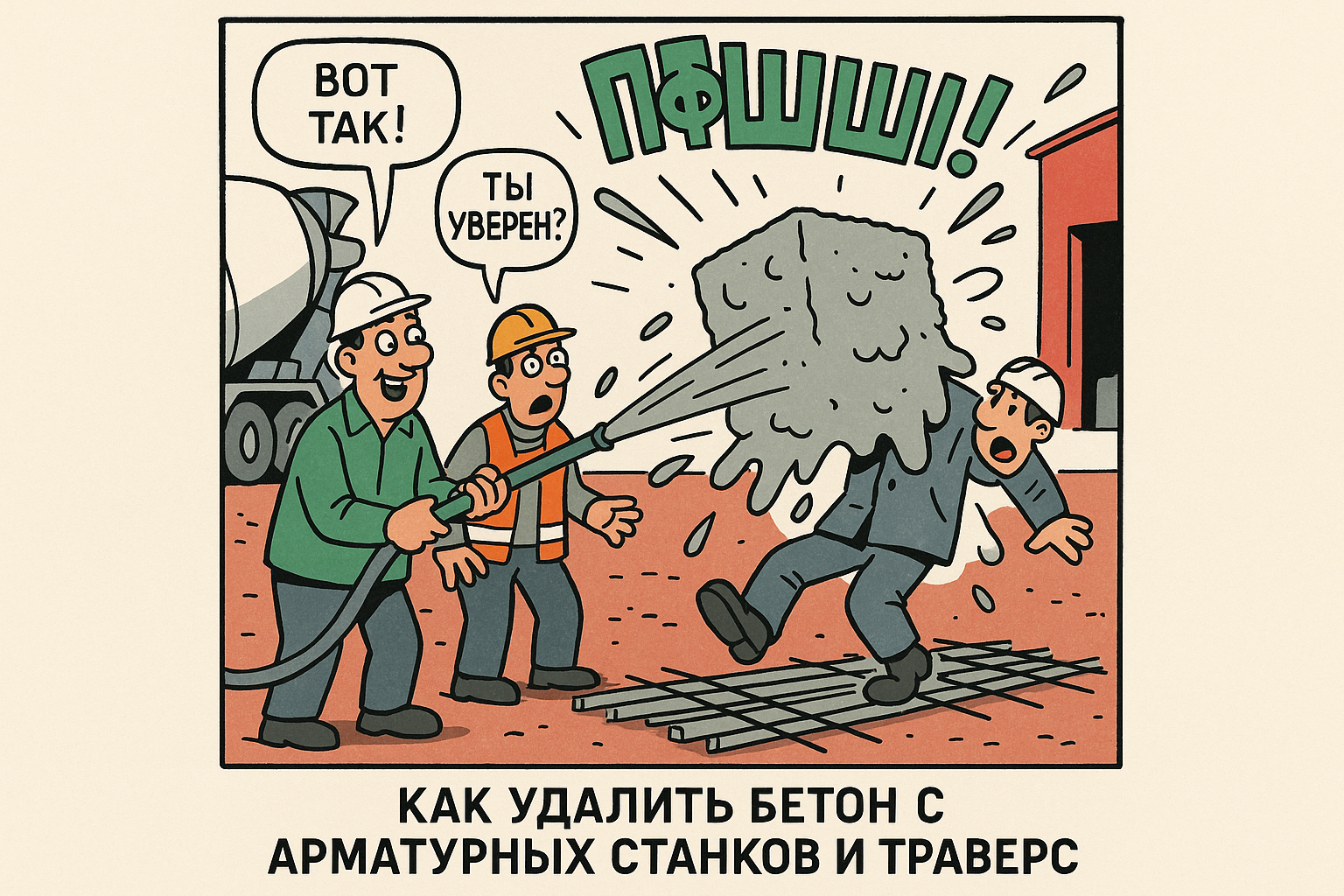 Процесс удаления бетона с арматурных станков и траверс, демонстрирующий применение специализированного оборудования и инструментов для эффективной очистки металла от бетонных остатков.