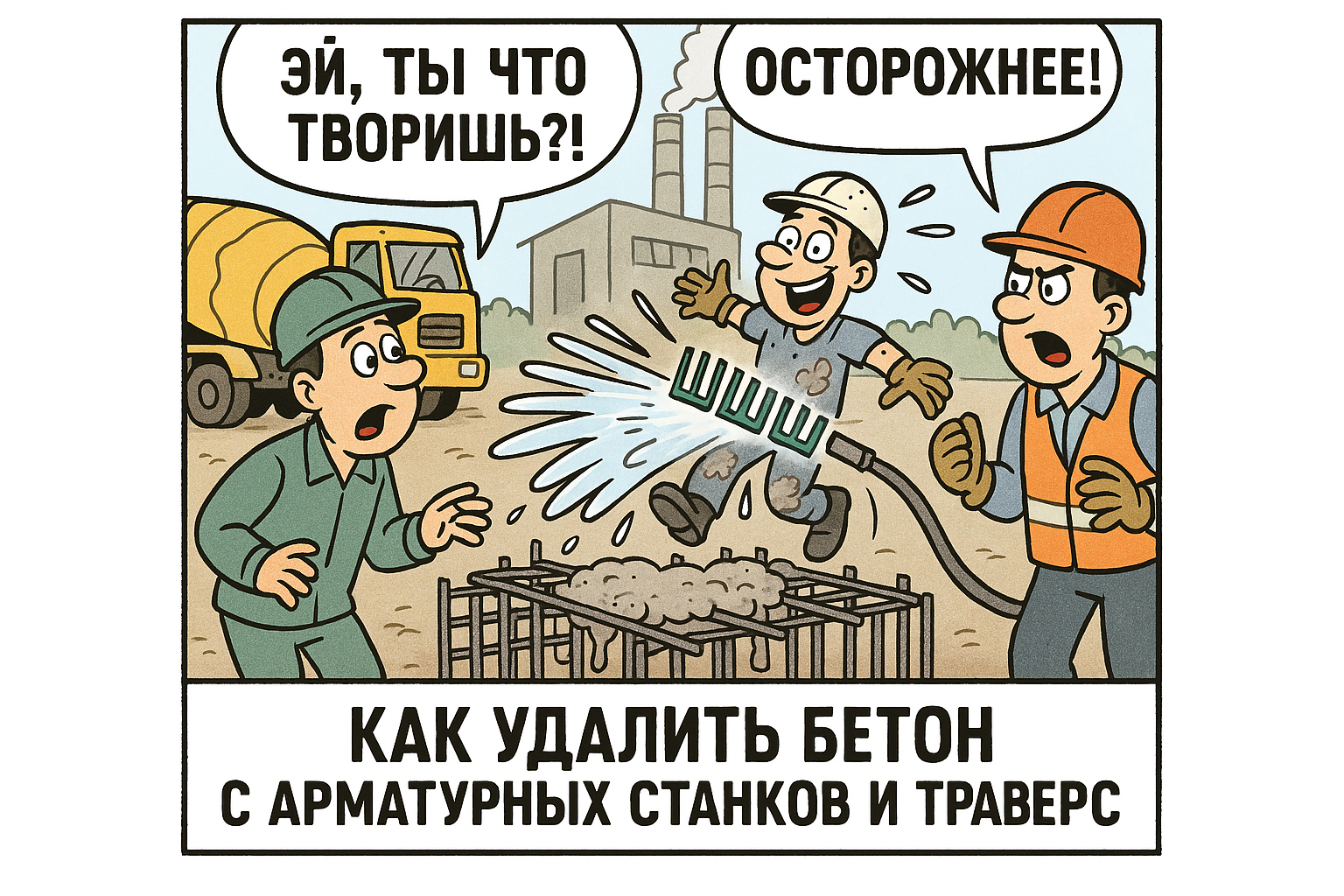 Процесс удаления бетона с арматурных станков и траверс, демонстрирующий использование специальных инструментов и методов для очистки конструкций от застылавшегося раствора.