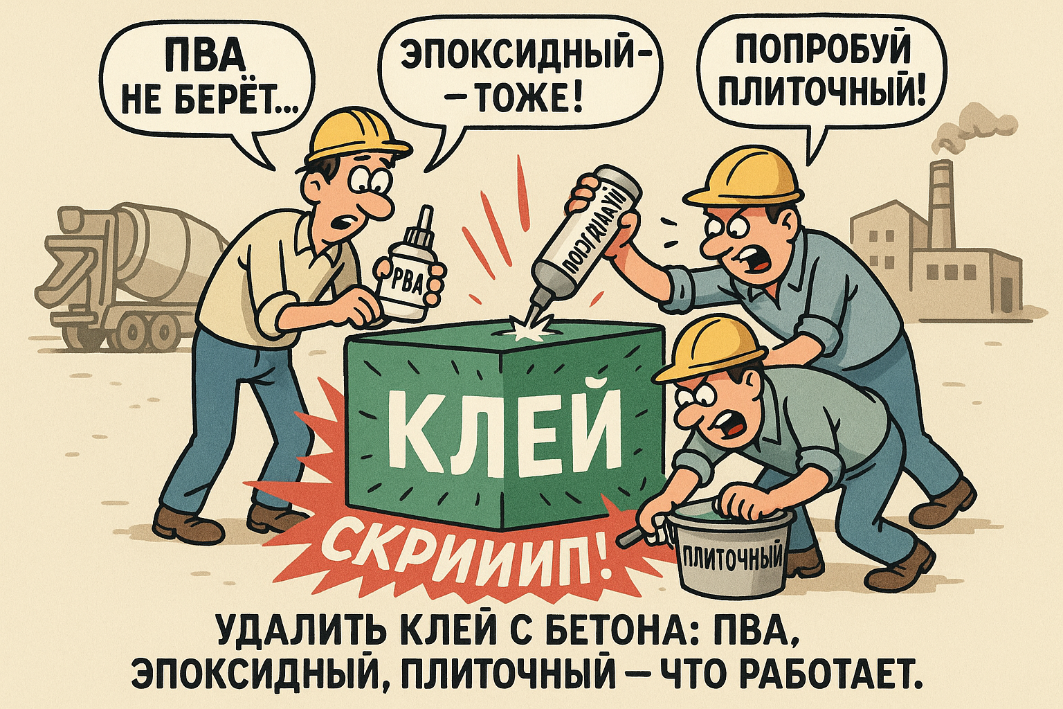 Процесс удаления клея с бетонной поверхности, где показаны специализированные инструменты и материалы для снятия ПВА, эпоксидного и плиточного клея.