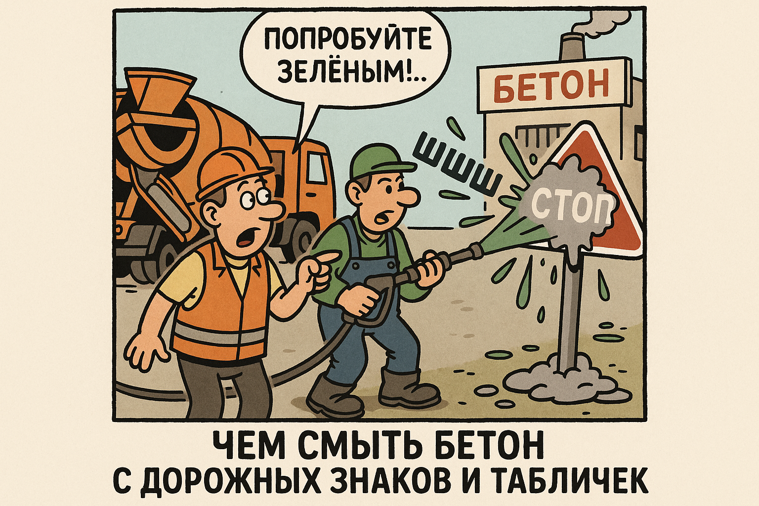 Состав для удаления цемента и бетона с дорожных знаков, показывающий основные ингредиенты и процесс применения в практическом использовании.