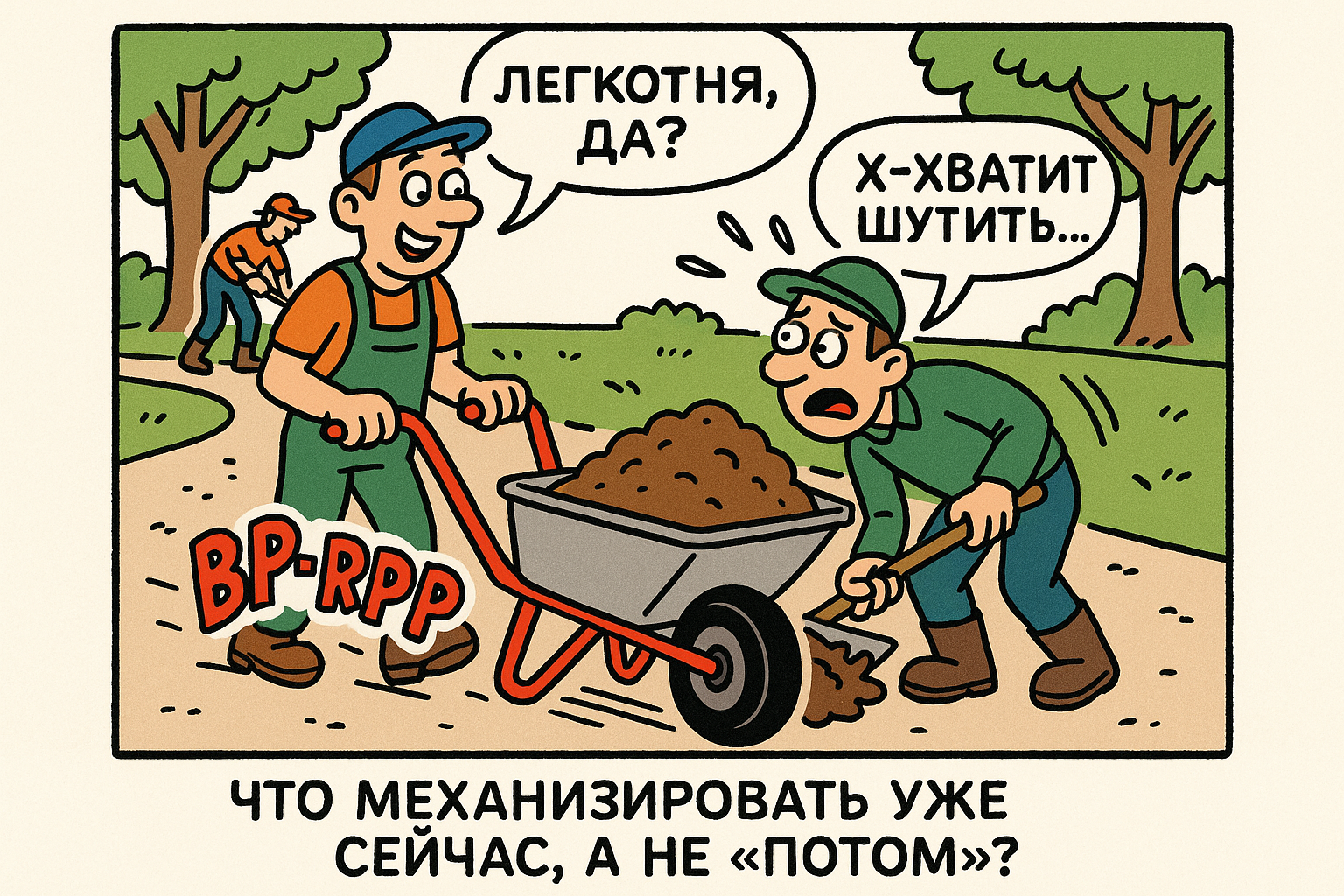 Мототележка в работе на дачном участке, перевозящая строительные материалы и садовые отходы, демонстрируя удобство механизации в СПб.