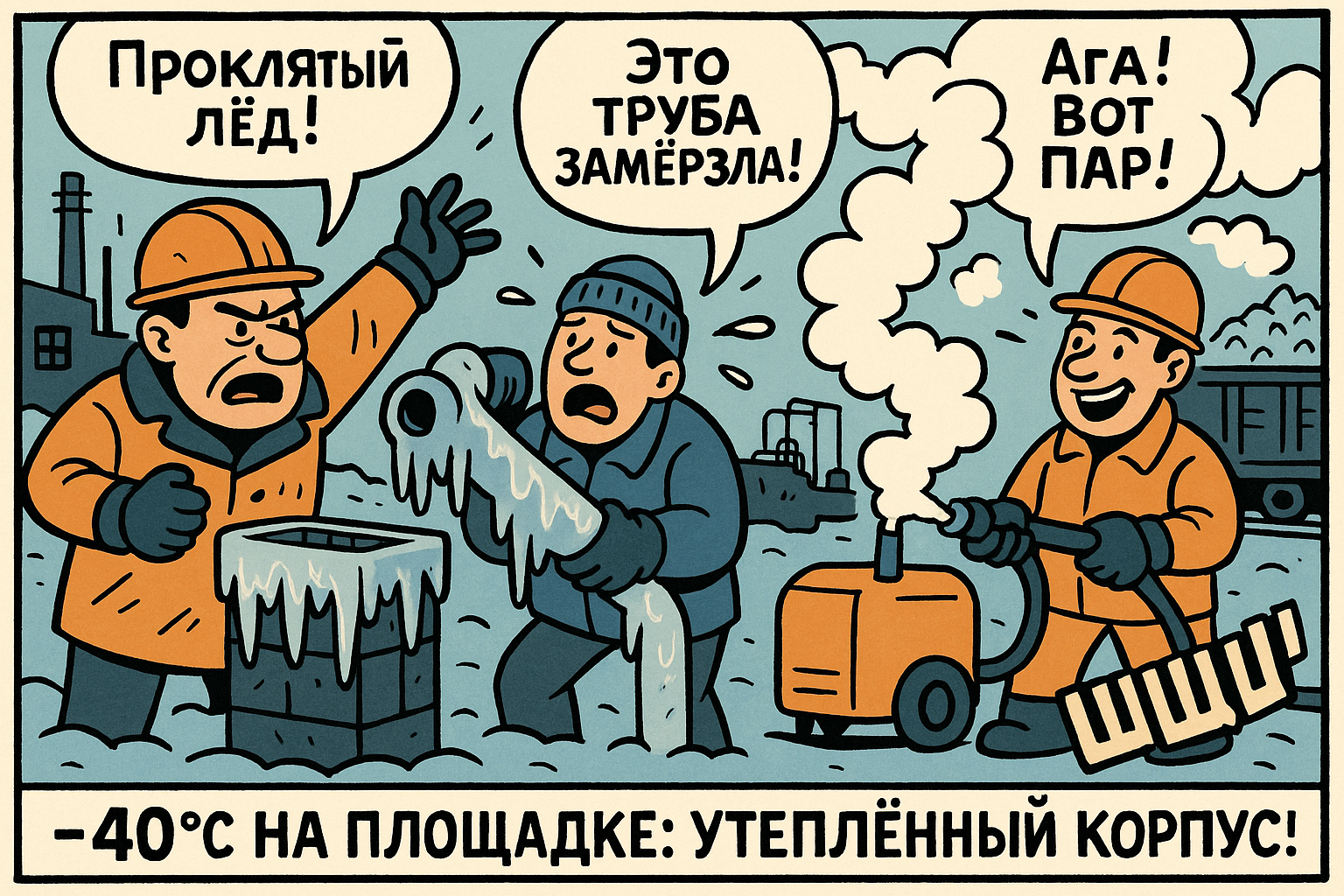Утеплённый корпус оборудования на площадке при низких температурах минус 40 °C, демонстрирующий его эффективность в обеспечении стабильного старта.