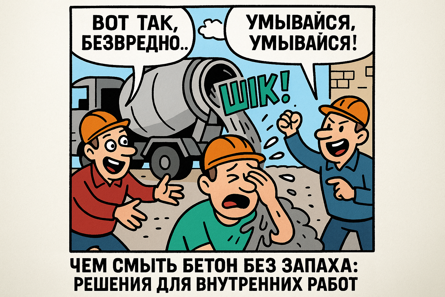 Уборка помещения с использованием безопасных средств для смывания бетона, изображение демонстрирует процесс очистки поверхности без устойчивого запаха.