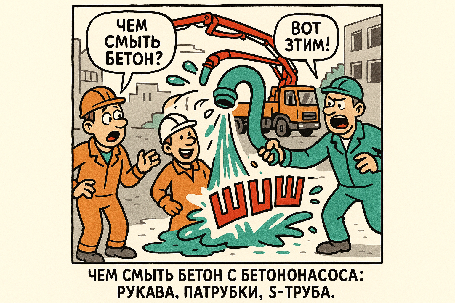 Сторона бетононасоса с использованием специальных инструментов для очистки рукавов и S-трубы от бетона, что иллюстрирует процесс удаления загрязнений и поддержания оборудования в рабочем состоянии.