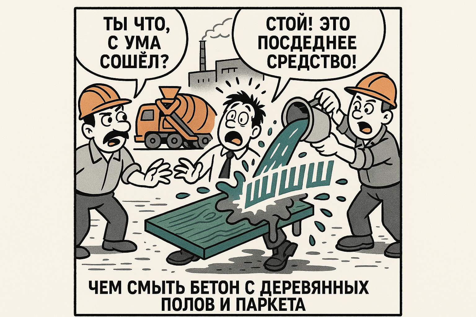 На изображении показаны различные моющие средства и инструменты, используемые для удаления бетона с деревянных полов и паркета. В центре видна бутылка с чистящим средством, а на фоне расположены губки и щетки. Все предметы иллюстрируют процесс уборки и ухода за деревянными покрытиями, акцентируя внимание на выборе эффективных средств для борьбы с загрязнениями.