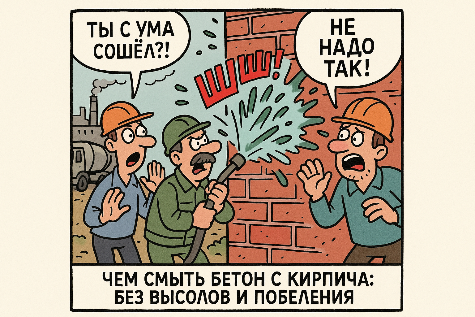 На изображении показан процесс удаления бетона с поверхности кирпича с использованием различных инструментов, таких как шпатели и чистящие растворы. Видно, как специалист аккуратно работает, чтобы избежать появления высолов и побеления, сохраняя при этом целостность кирпичной кладки.