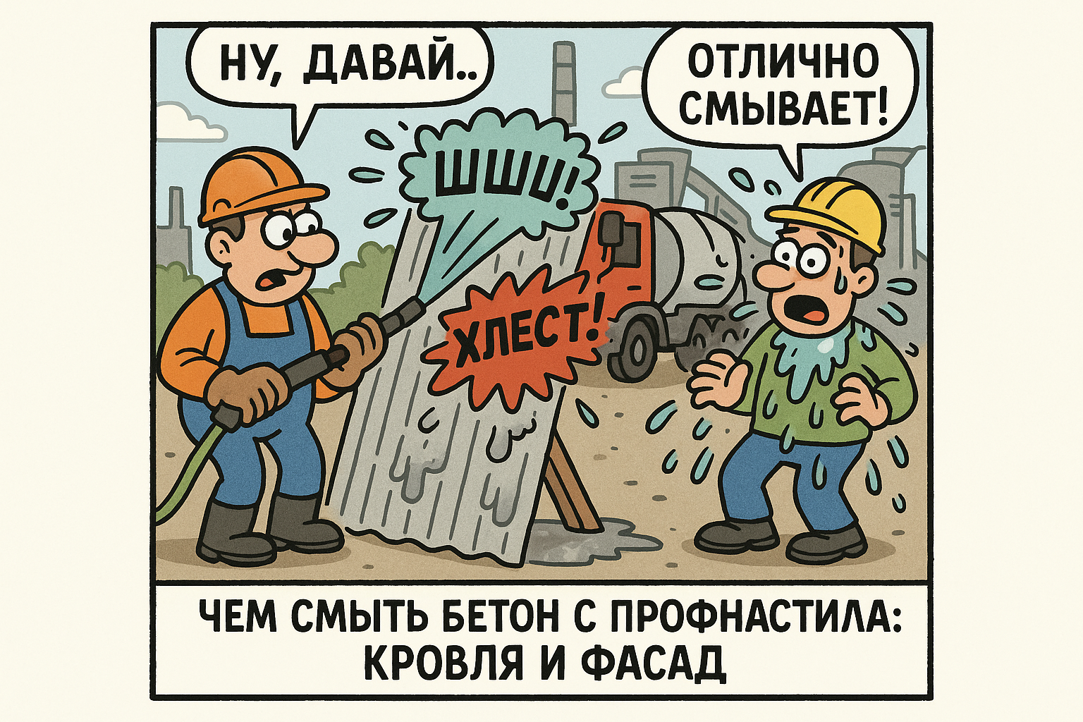 На изображении показан процесс смыва бетона с профнастила, где работают специалисты с профессиональным оборудованием для очистки кровли и фасада. Сцена иллюстрирует эффективные методы удаления строительных загрязнений с металлической поверхности.