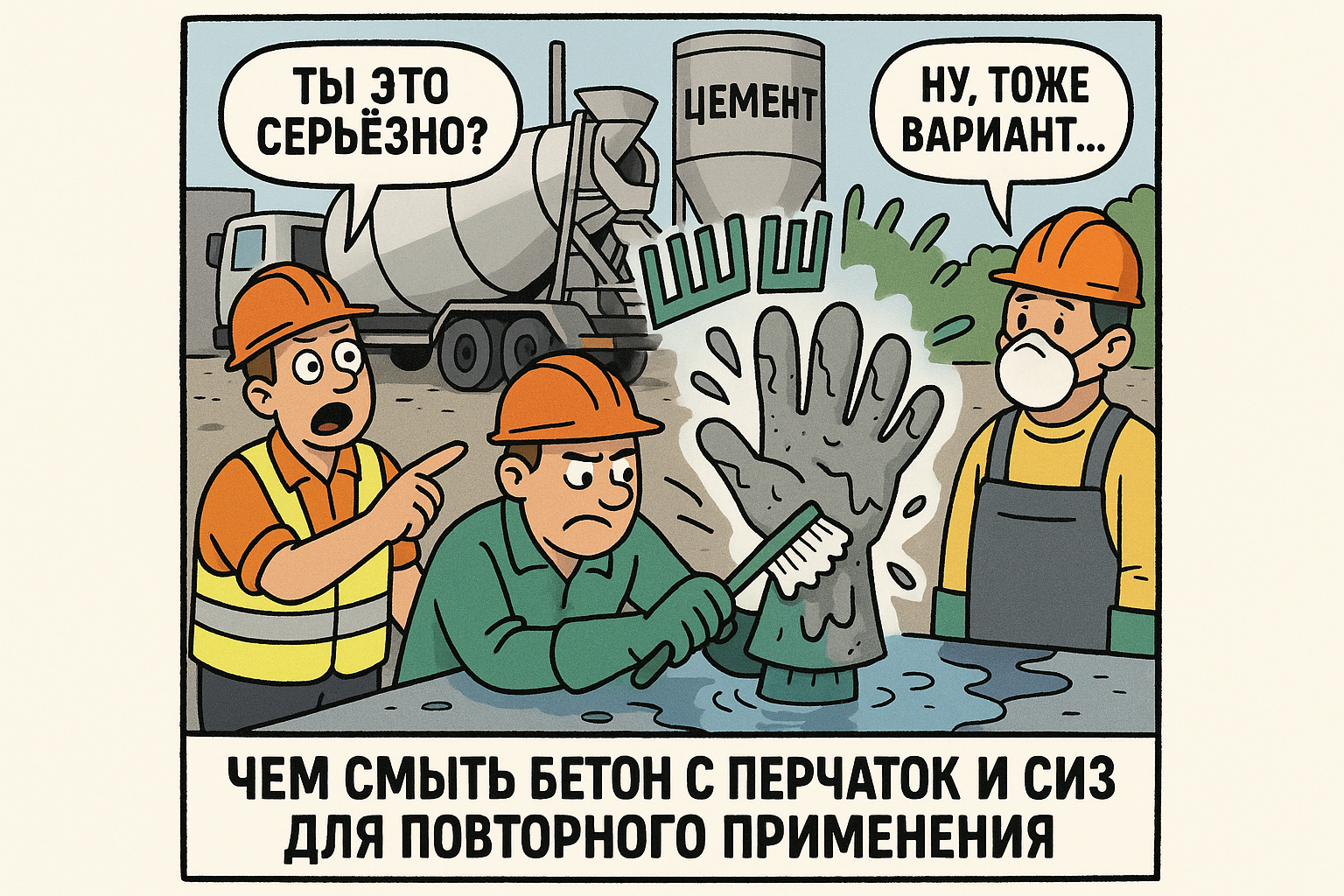 Носки защитных перчаток и средств индивидуальной защиты, покрытые засохшим бетоном, на фоне рабочего стола, на котором находится средство для удаления бетона и инструменты для очистки.