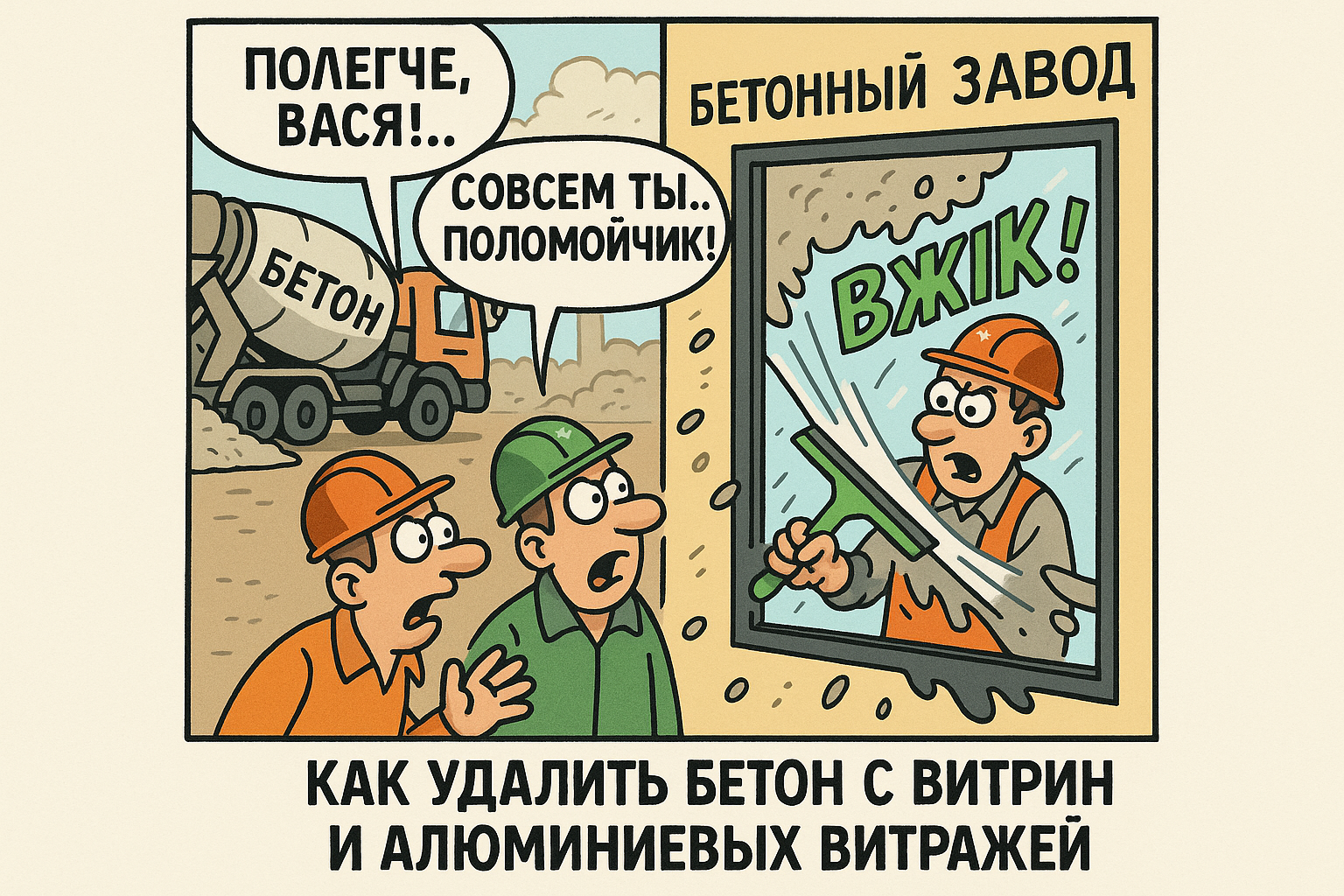 Схема или панорама, иллюстрирующая процесс удаления бетона с витрин и алюминиевых витражей, включая инструменты и элементы, необходимые для эффективной очистки.