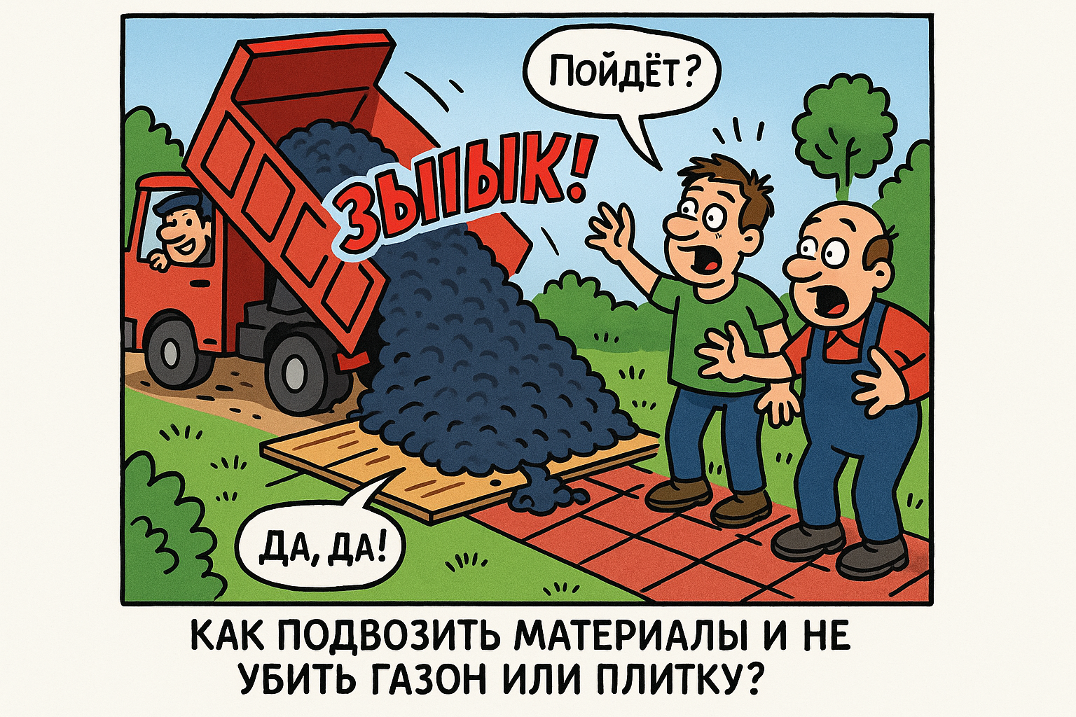 Процесс внимательной транспортировки строительных материалов по газону с использованием специализированного оборудования для минимизации повреждений.