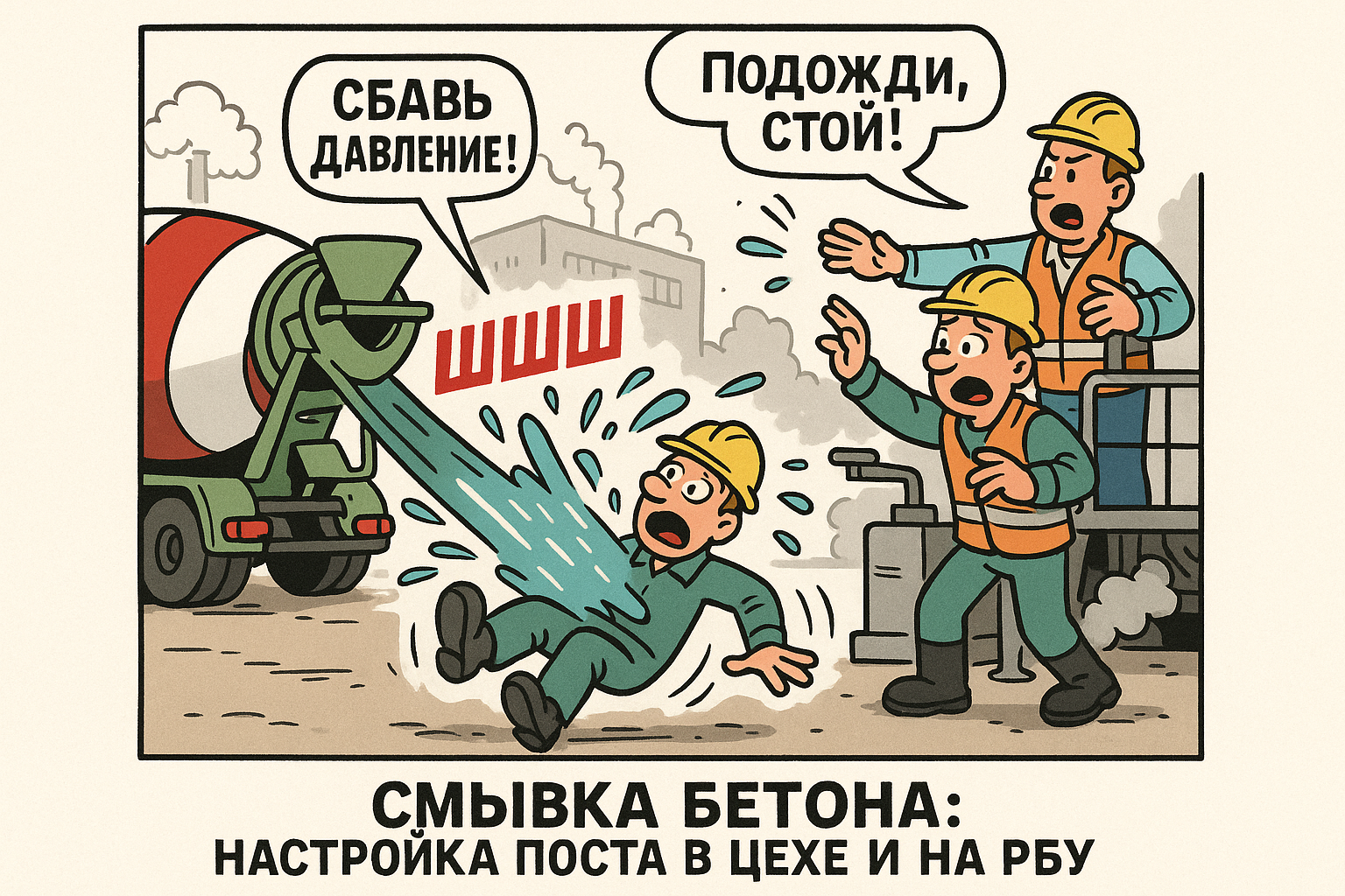 Процесс смывки бетона в цехе и на РБУ, рабочие, занятые подготовкой оборудования и чисткой поверхности от остатков бетона.
