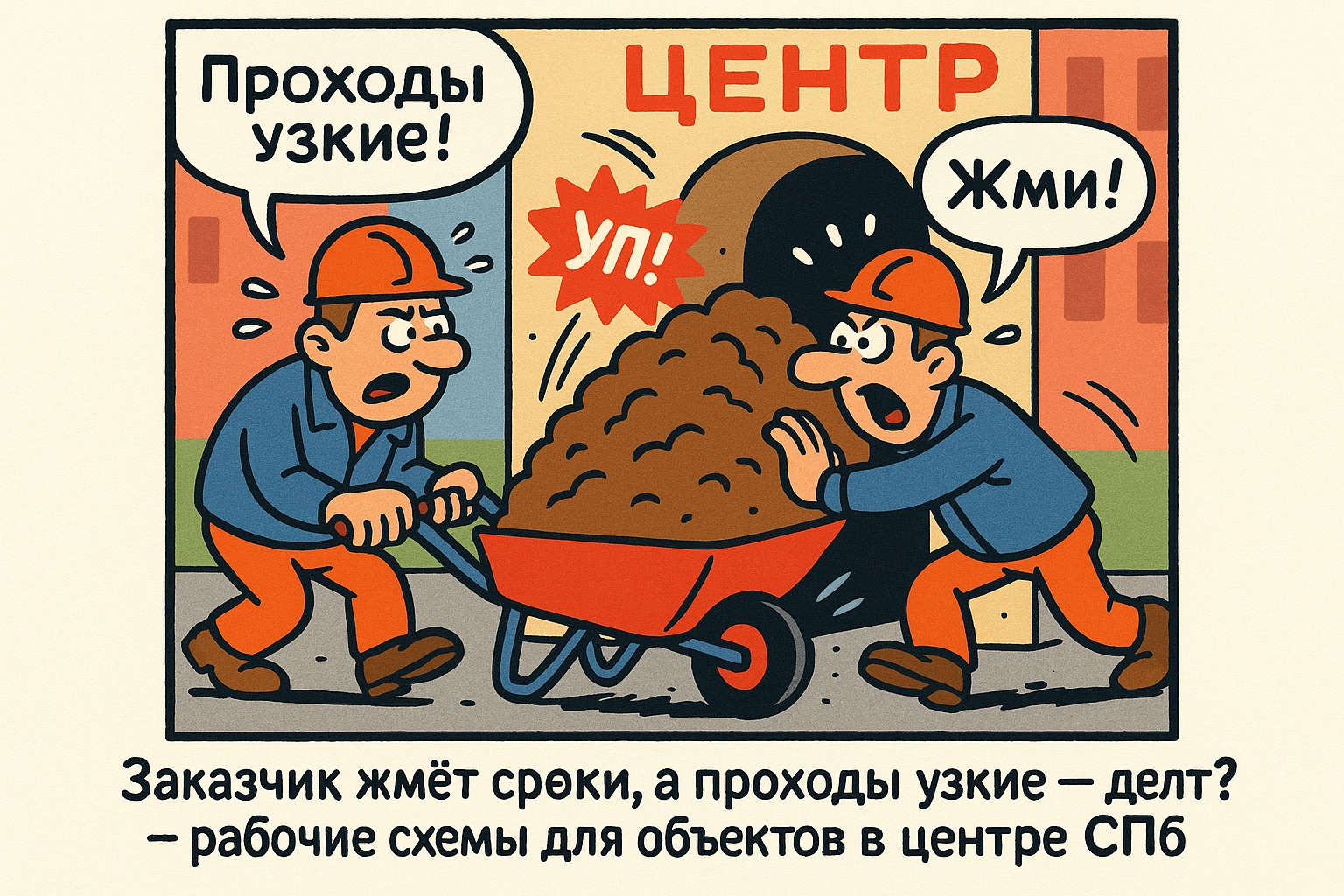 Перевозка строительных материалов компактной техникой через узкие проходы в центре Санкт-Петербурга. Мототележка и мини-думпер на фоне исторической архитектуры города.