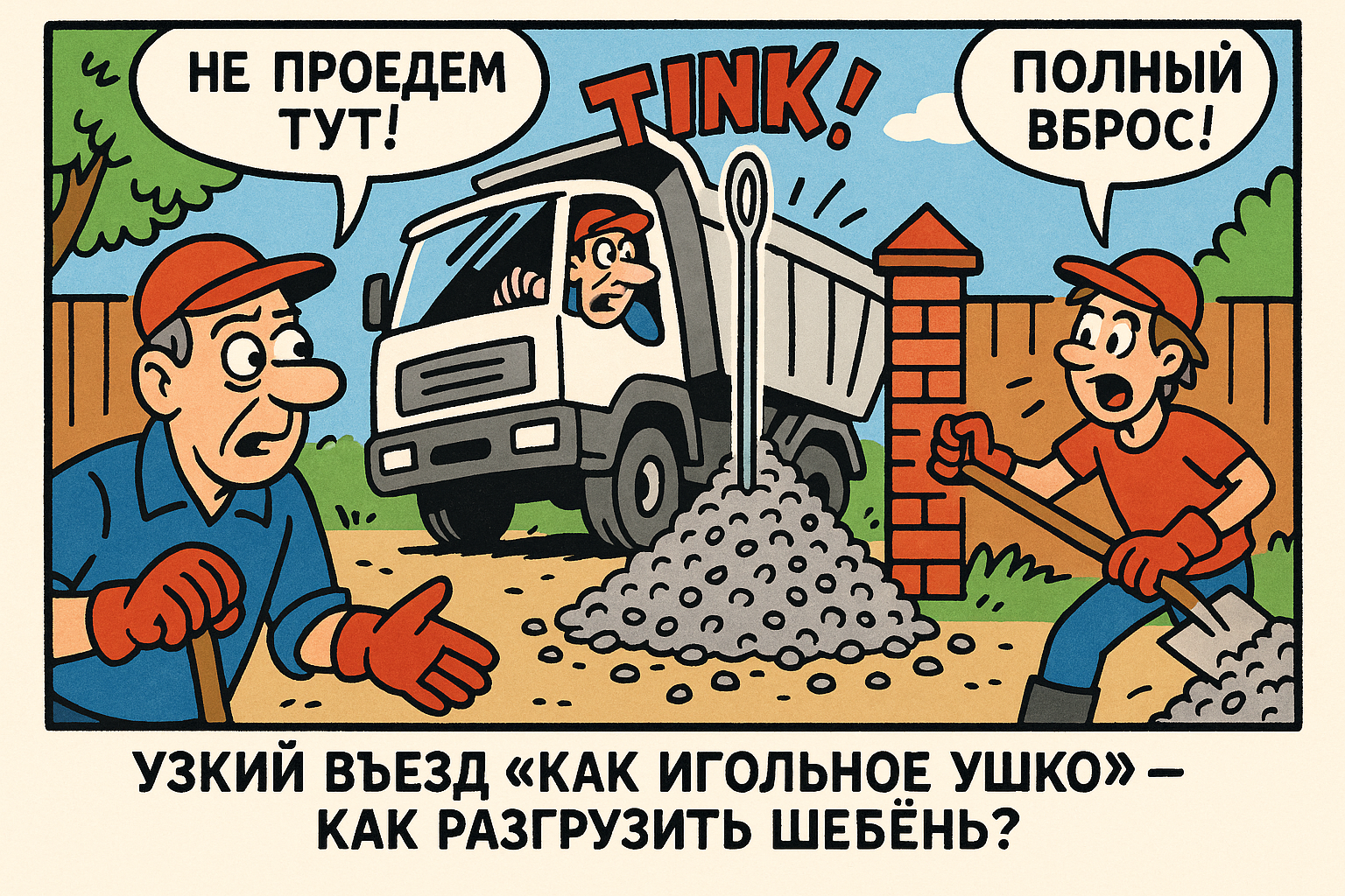 Грузовая техника, загружающая щебень в узкий проезд, с трудом маневрирует между ограничениями пространства.