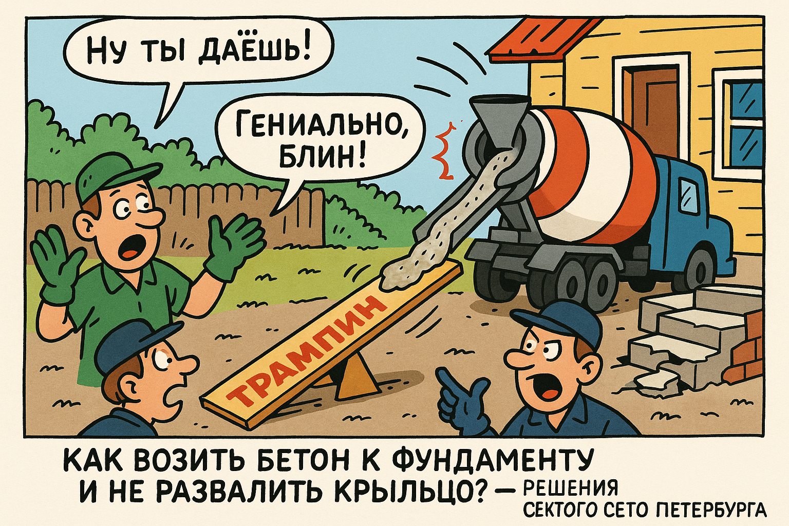 Техника для транспортировки бетона с надежной защитой крыльца от повреждений.