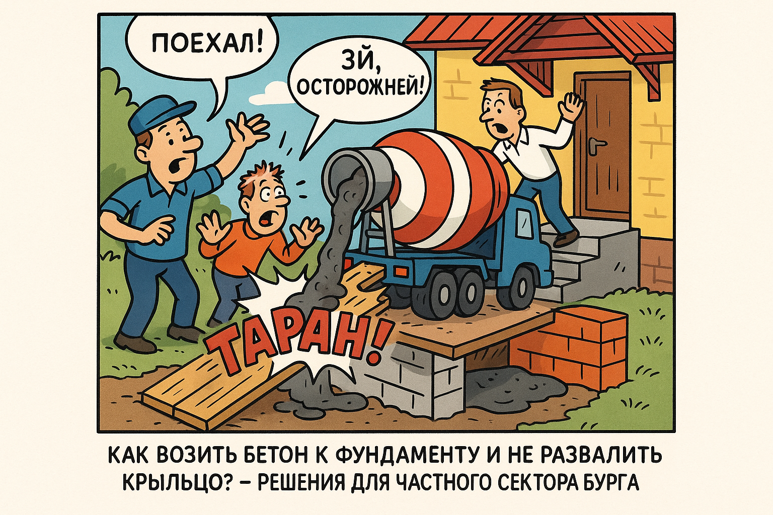Перевозка бетона к фундаменту с использованием техники для малых грузов на строительной площадке.
