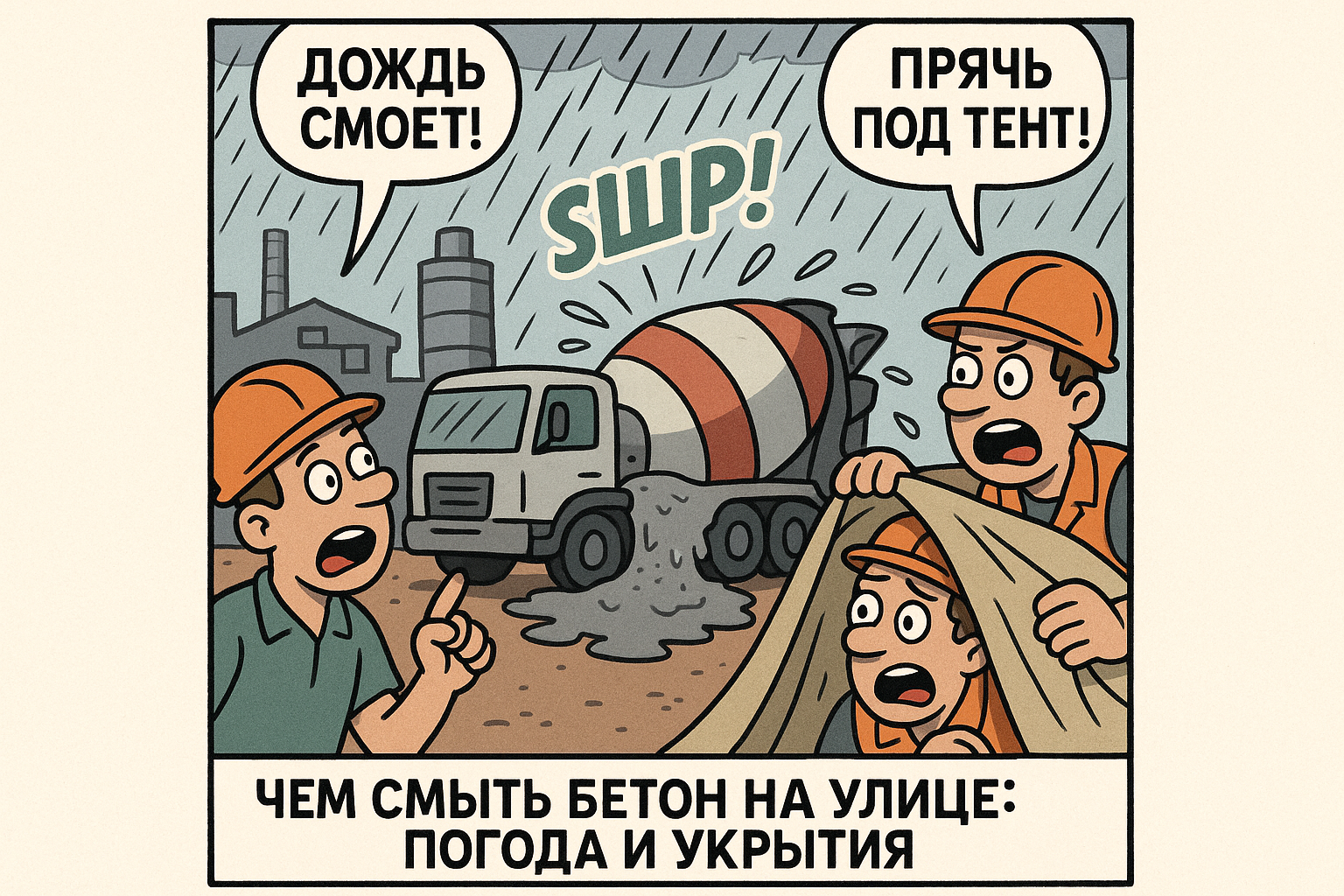 Процесс смыва бетона на улице с использованием моющего раствора, при этом в кадре видны инструменты, необходимые для работы, такие как шланг и ведро, а также грязные участки бетона, которые требуют очистки. Тема статьи касается советов по состоянию погоды и укрытиям во время выполнения работы.