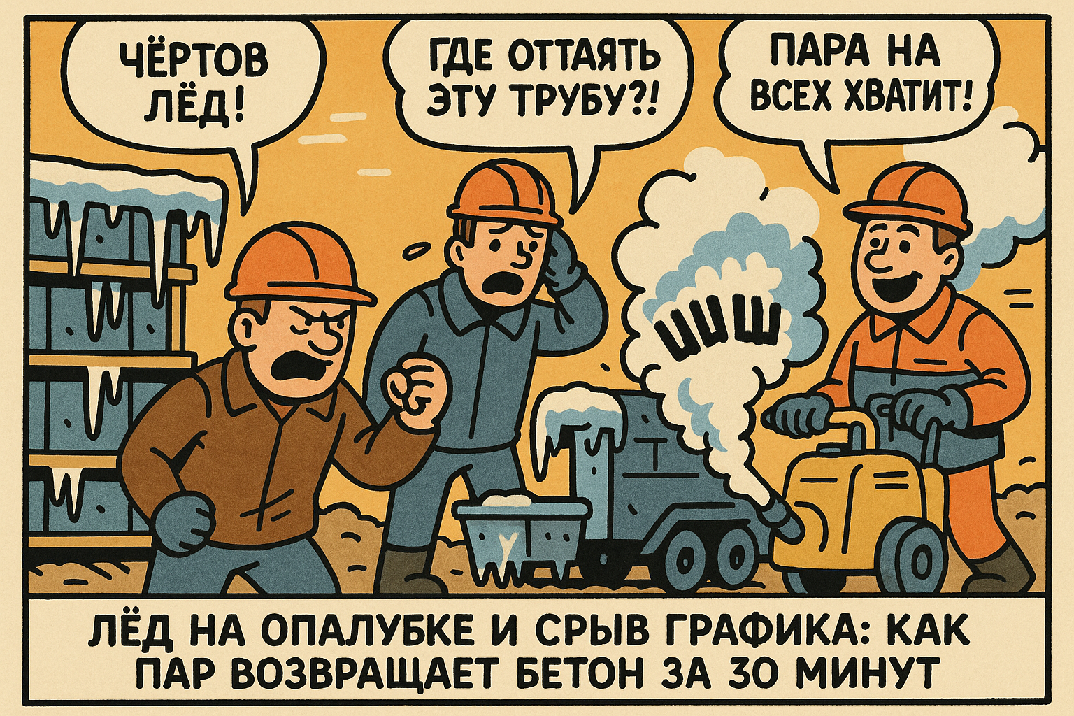 Процесс укладки бетона с использованием парового метода для быстрого прогрева опалубки.
