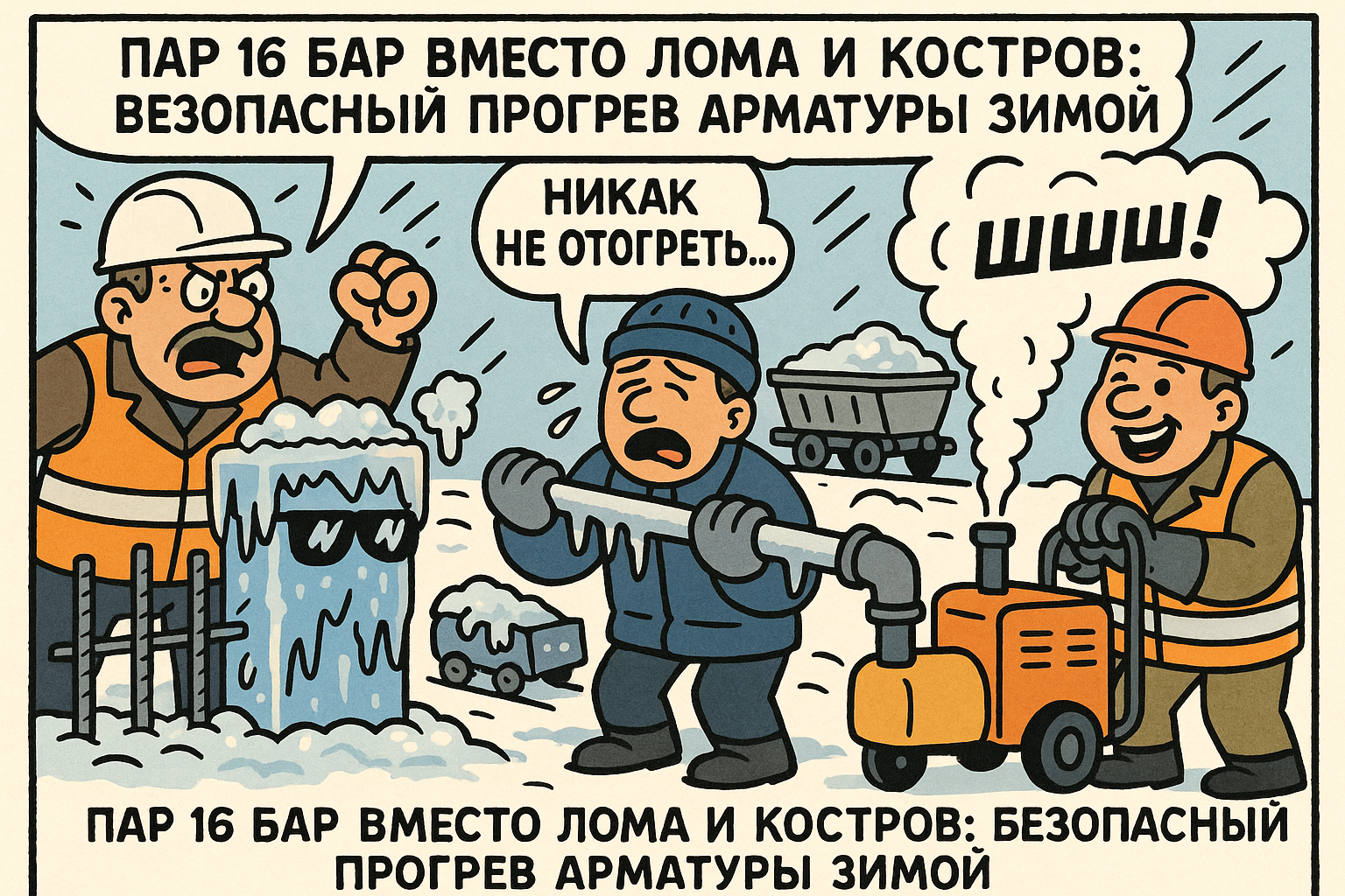 Прогрев арматуры с помощью пара при температуре минус восемь градусов Цельсия с использованием специализированного оборудования.