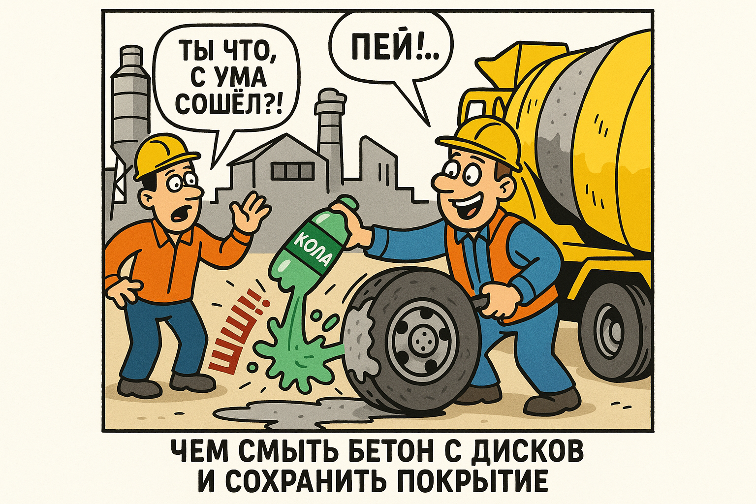 Процесс очистки бетонных дисков, на котором видно, как средство для удаления цементных остатков наносится на поверхность, сохраняя защитное покрытие.