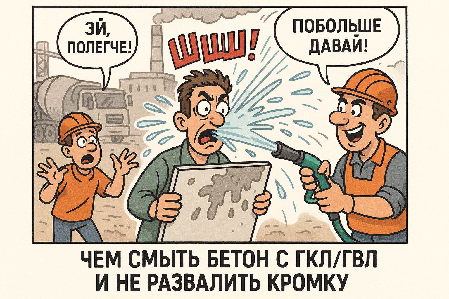 Показывает процесс удаления бетона с поверхности гипсокартонных и гипсоволокнистых листов, с акцентом на аккуратное обращение с кромками, чтобы избежать их разрушения.