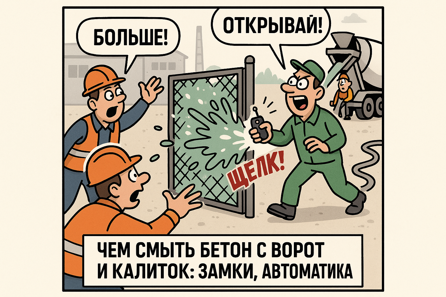 Бетонные ворота и калитки, загрязненные строительными смесями, и рядом средства для их очистки, такие как моющие растворы и щетки.