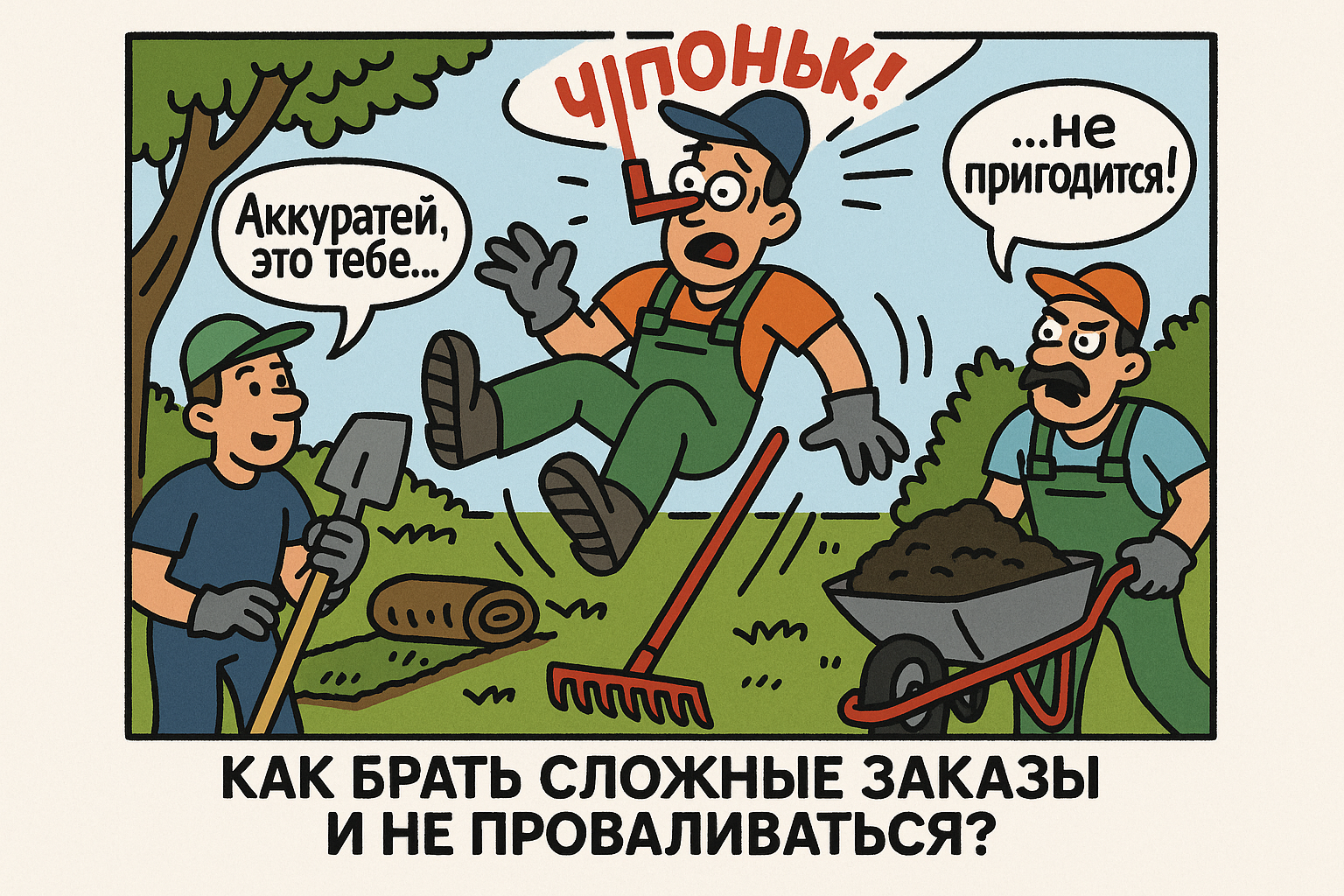 Ландшафтная бригада на объекте, работающая над сложным заказом по озеленению и благоустройству территории. Специалисты обсуждают детали проекта и используют инструменты для подготовки почвы и посадки растений.