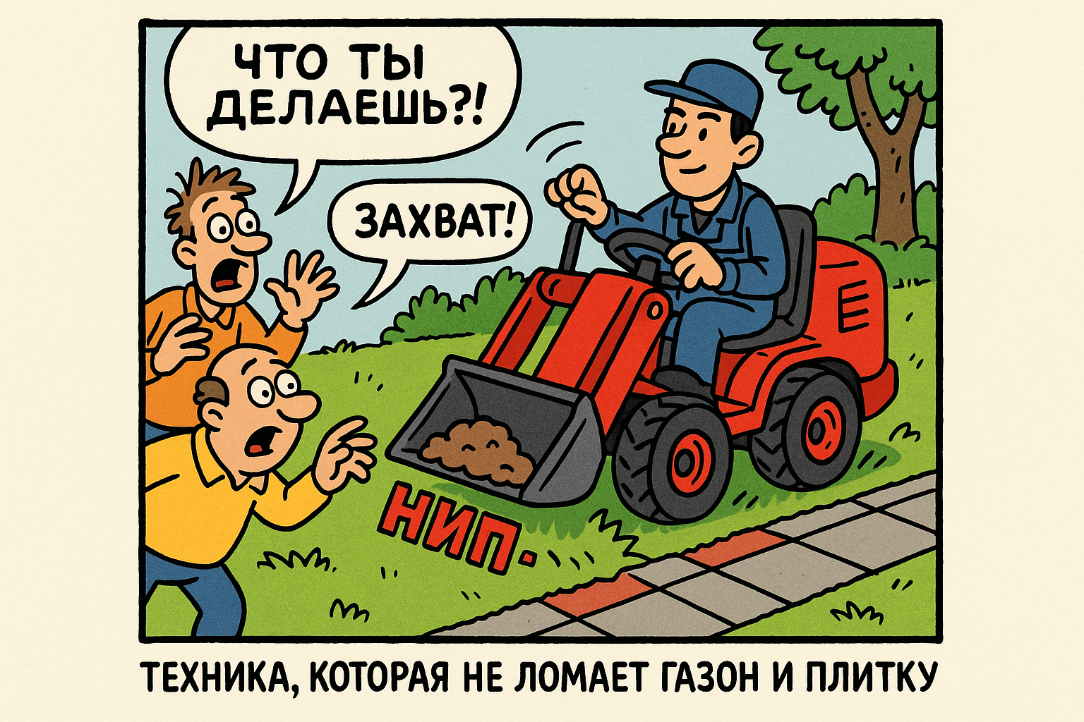Работа тяжелой техники на газоне и плитке с защитными покрытиями для предотвращения повреждений.