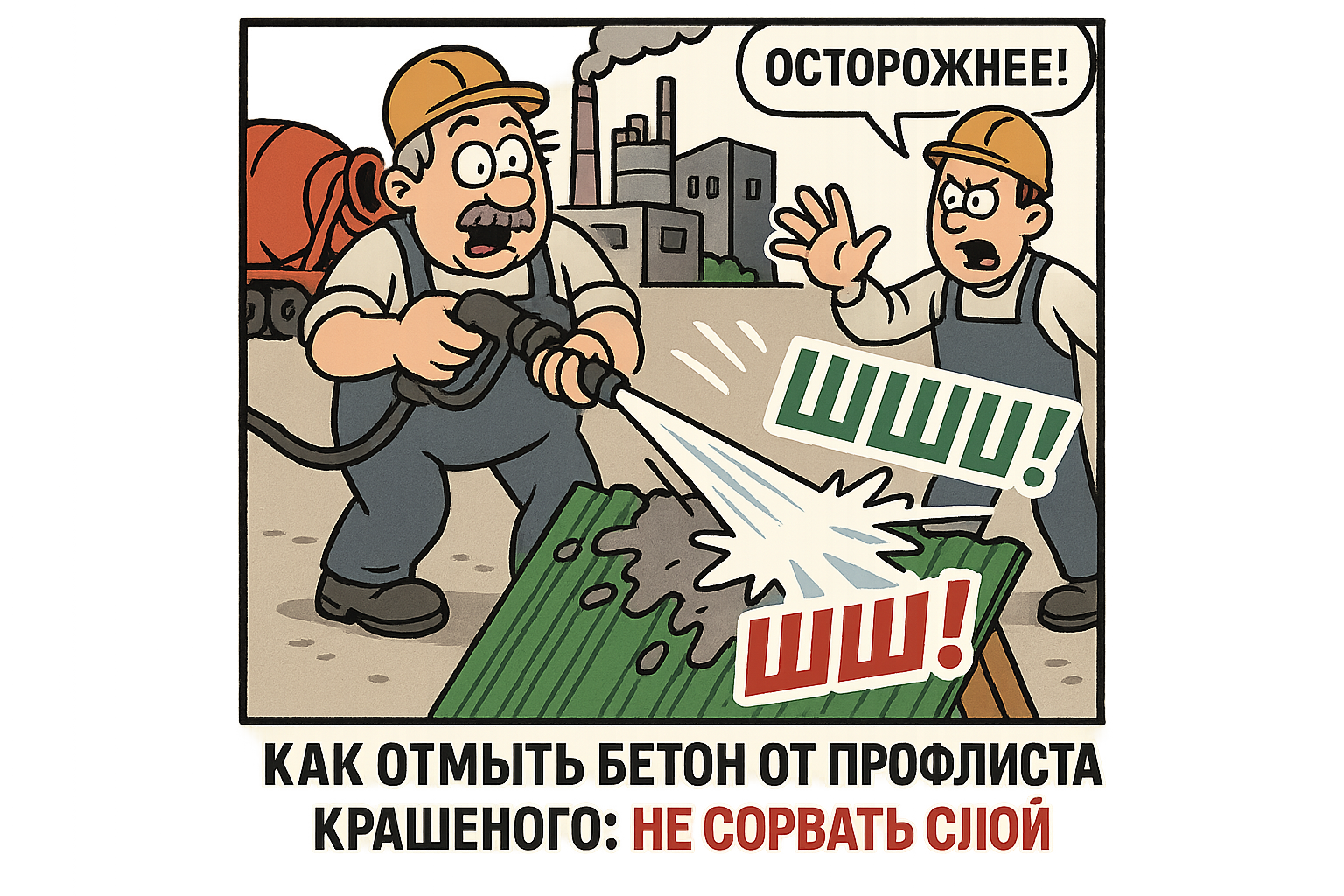 Бетонный пол, частично очищенный от краски, рядом с крашеным профлистом и инструментами для очистки, иллюстрирующий советы по отмыванию бетонных поверхностей.