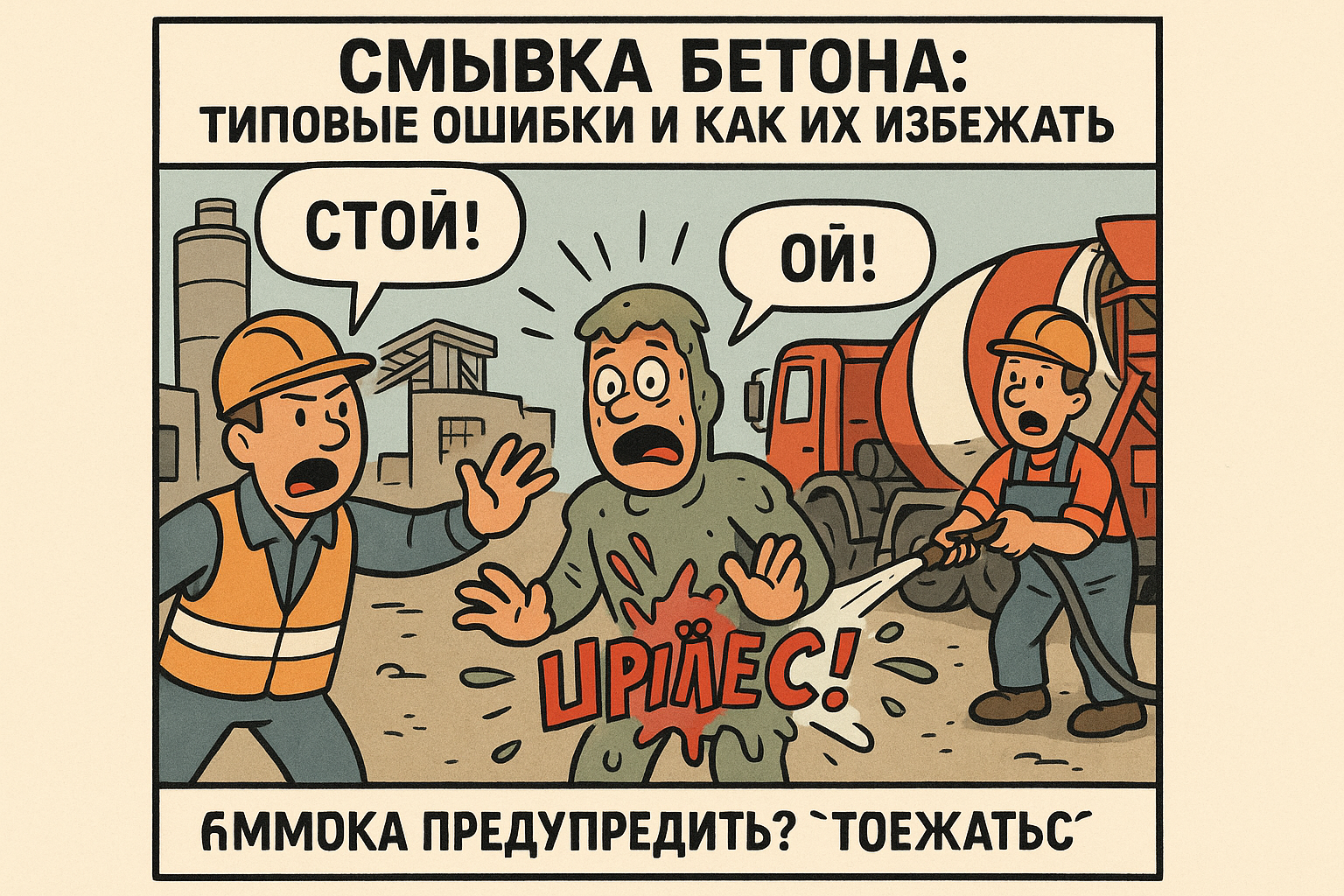 Процесс смывки бетона с работниками, применяющими защитное снаряжение и специализированные инструменты, на фоне незавершённого строительного объекта. Сцена иллюстрирует важные аспекты организации работ и предотвращения типовых ошибок в сфере бетонирования.