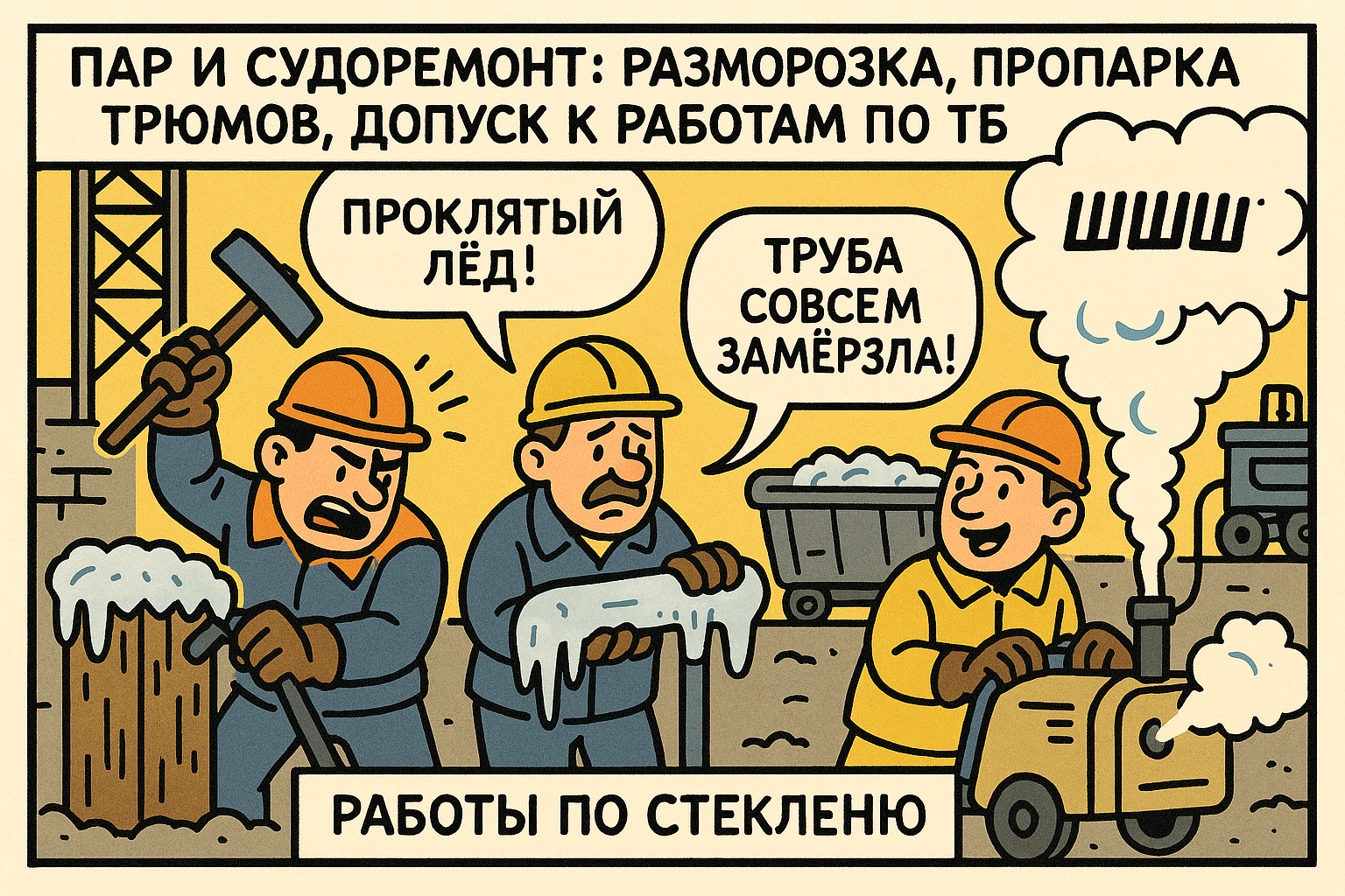 Процесс разморозки трюмов судна с использованием пара, аккуратное обращение с оборудованием для обеспечения безопасности.